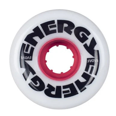 Radar Energy 62mm outdoor roller skate wheel in white with pink/red hub and black graphic on wheel face.