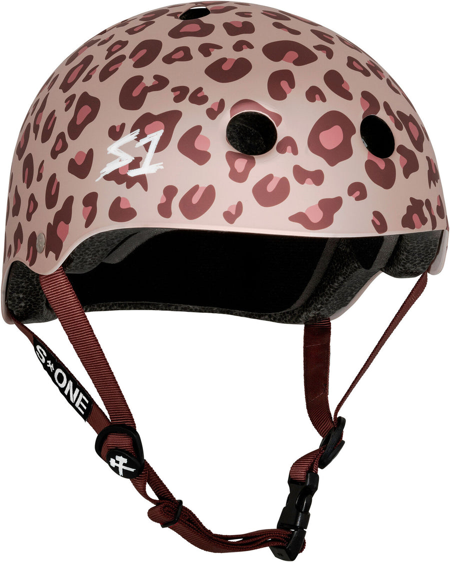 S-One Lifer Helmet in light pink cheetah with a beige shell, chocolate brown and pink cheetah print