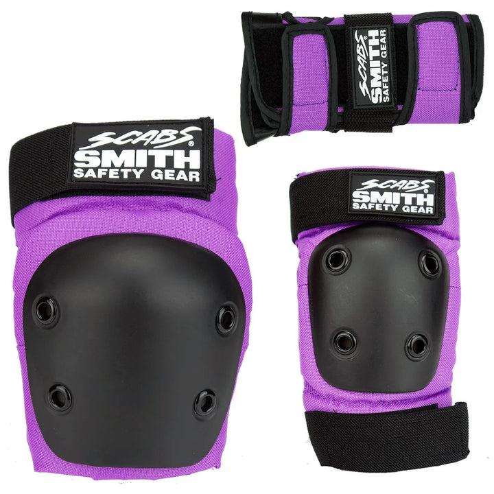 Purple safety gear set with black padding and Scabs Smith Safety Gear branding on a white background.