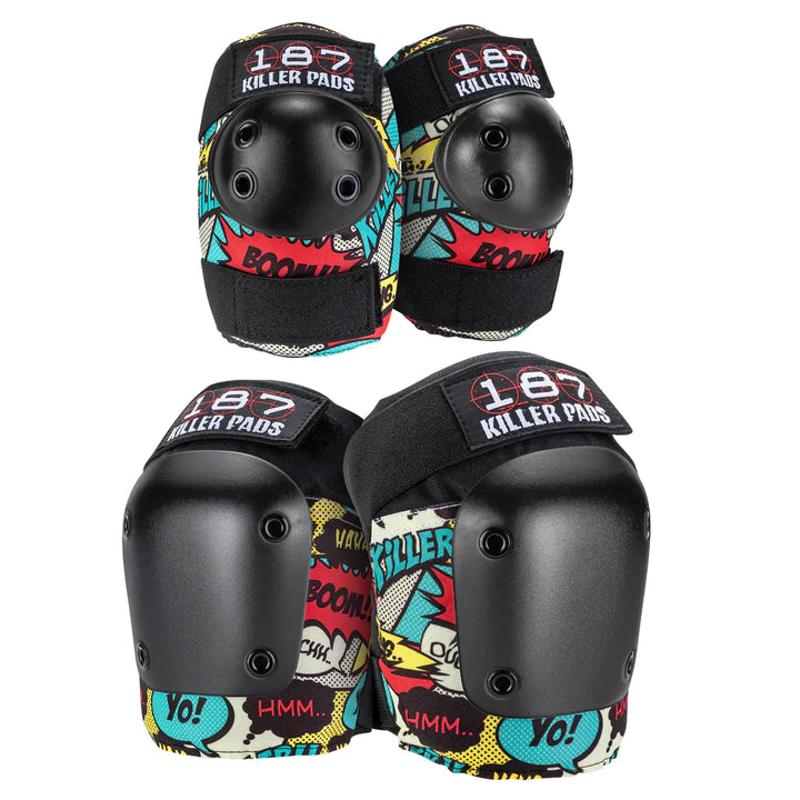 187 Killer Pads Combo Pack in bright turquoise, red, yellow and off-white graphic comic print with black caps.