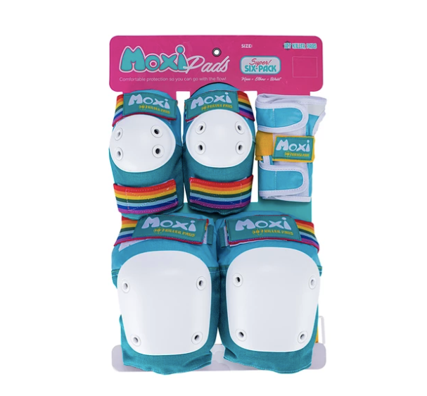 Moxi Roller Skates x 187 Killer Pads Six Pack in Jade with teal knee pads, elbow pads and wrist guards.