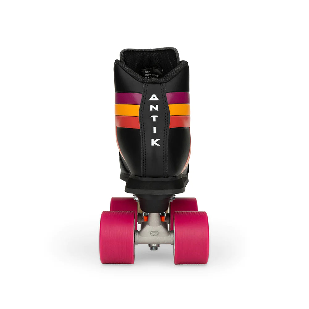 Back of Antik Skyhawk Derby Skates in Black with Fuchsia wheels.