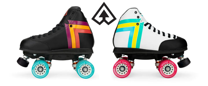 Antik Skyhawk Derby Skate in Black with Blue wheels and White with Fuchsia wheels.