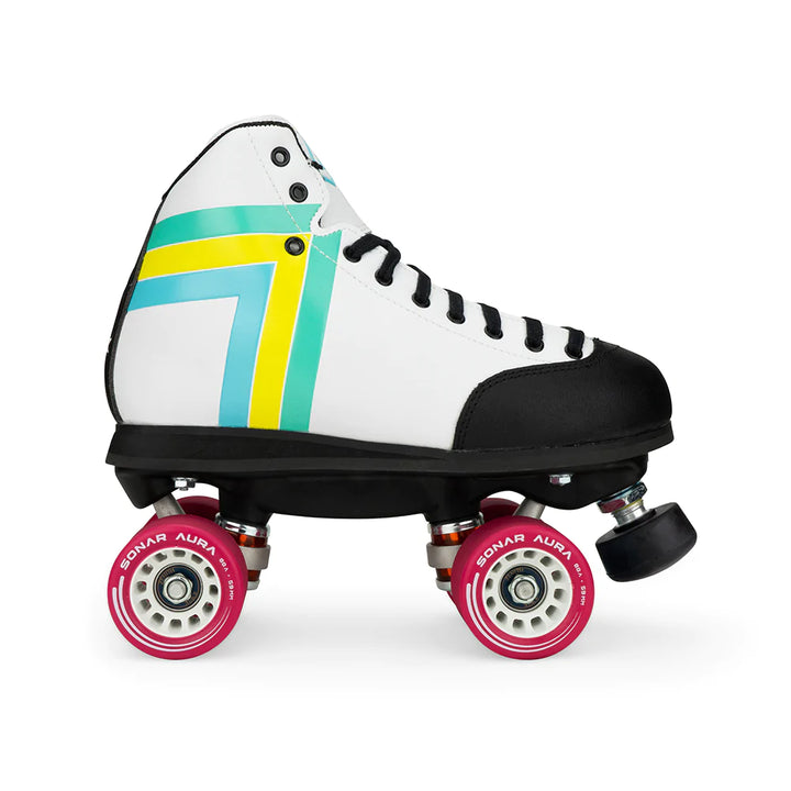 Antik Skyhawk Derby Skates in White with Fuchsia wheels.