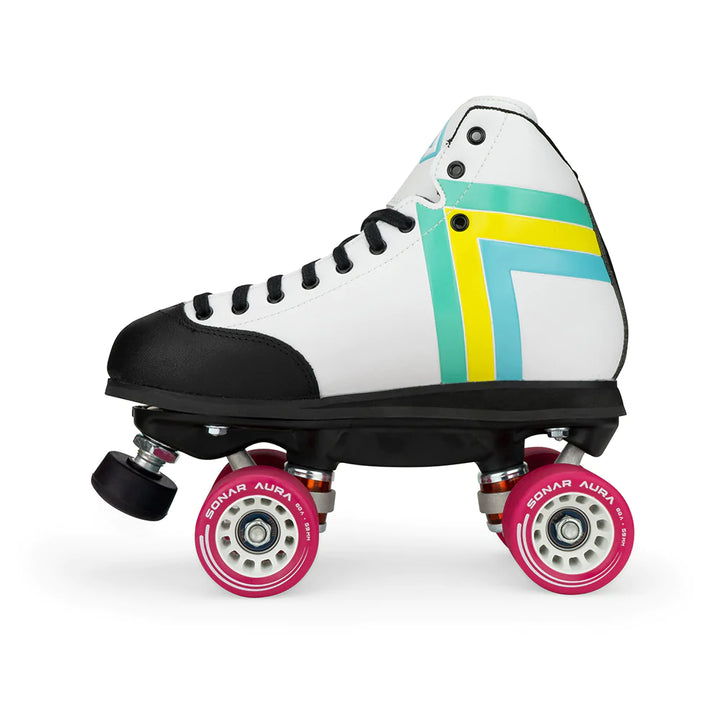 Antik Skyhawk Derby Skates in White with Fuchsia wheels.