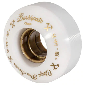 Side profile Chaya Barbie Lu Pro 56mm Wheel, white with gold hub and writing.