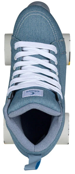 Chaya Denim skates with light blue denim boots and white wheels.