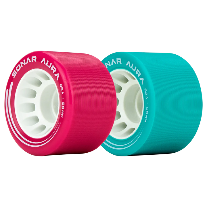 Radar Sonar Aura wheels, one in fuschia and one in blue.
