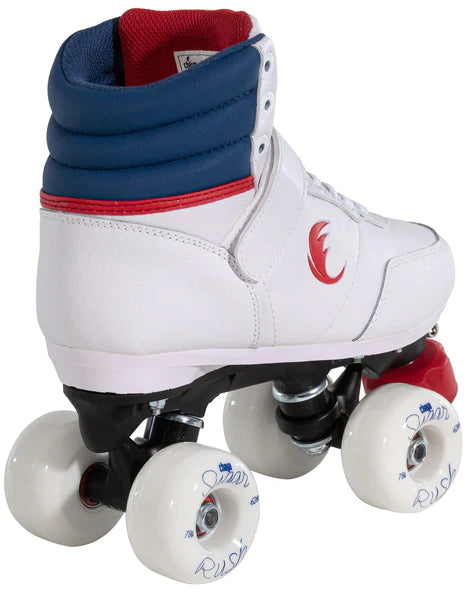 Chaya Jump Skate 2.0. White, sporty sneaker style skate with blue collar, red embroidery and toe stops.