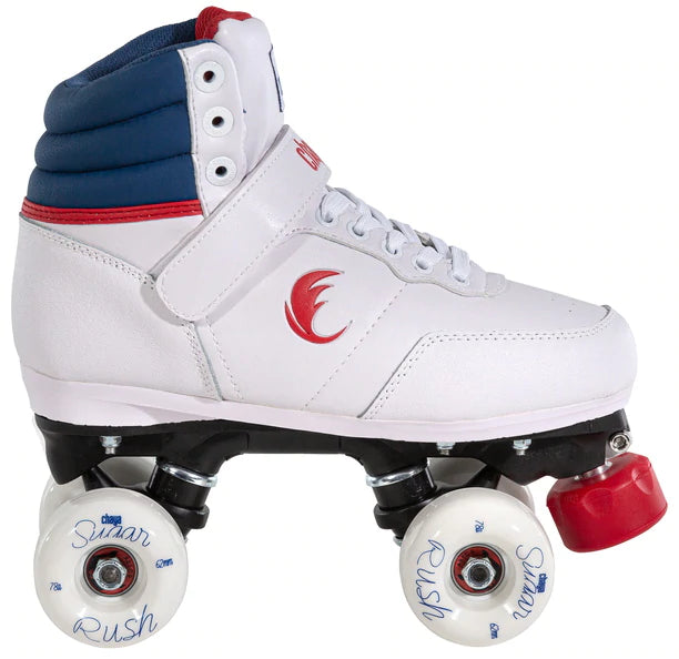 Chaya Jump Skate 2.0. White, sporty sneaker style skate with blue collar, red embroidery and toe stops.