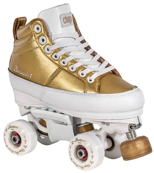 Chaya Kismet Barbiepatin white and gold roller skate.