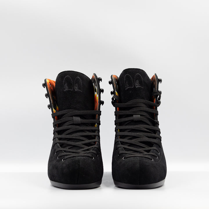 Chuffed Skates De La Casa Pro Boots, black roller skate boots with a retro black, orange, yellow and white gradient wave lining.