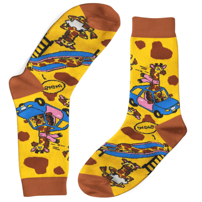 Socks with Giraffes in cars and on slides with yellow background.