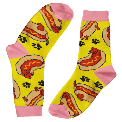 Hotdogs in Buns print with Sausage dogs in hot dog buns on a yellow background.