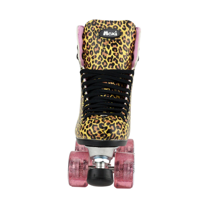 Moxi Roller Skates Jungle leopard print roller skates with pink lining and wheels.