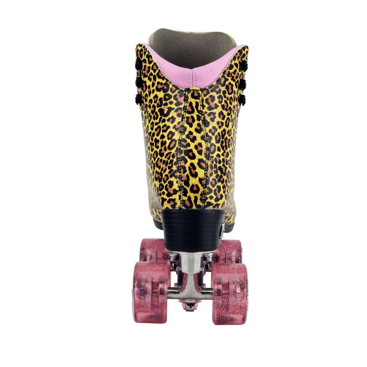 Moxi Roller Skates Jungle leopard print roller skates with pink lining and wheels.