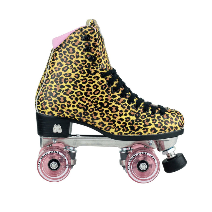 Moxi Roller Skates Jungle leopard print roller skates with pink lining and wheels.