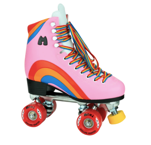 Moxi Roller Skates Rainbow Rider in Pink Heart with white tongue, red wheels and yellow toe stop.