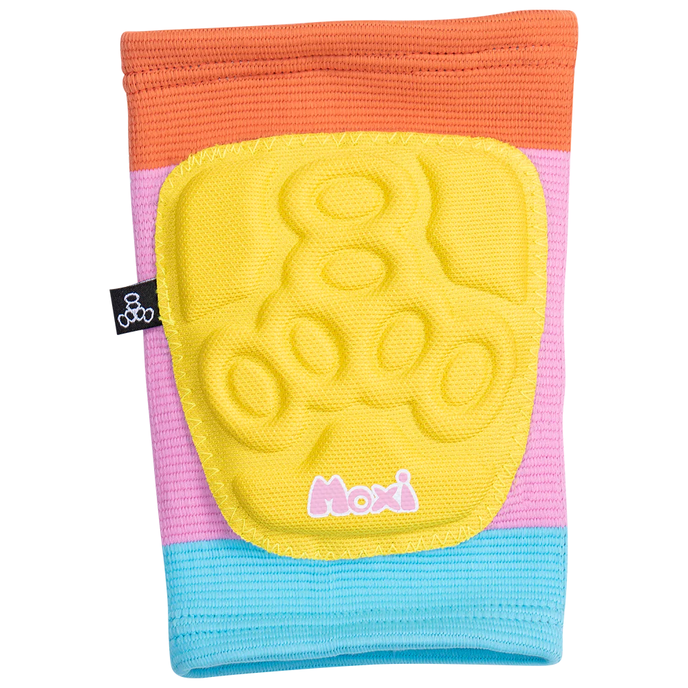 Triple 8 x Moxi Roller Skates covert knee pad with orange, pink and blue stripes with yellow padded knee cap section.
