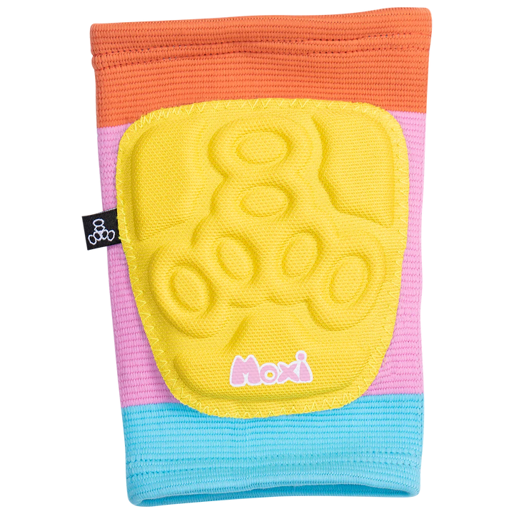 Triple 8 x Moxi Roller Skates covert knee pad with orange, pink and blue stripes with yellow padded knee cap section.