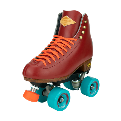 Riedell Crew roller skates in Crimson red with orange laces and toe stops, and blue wheels.