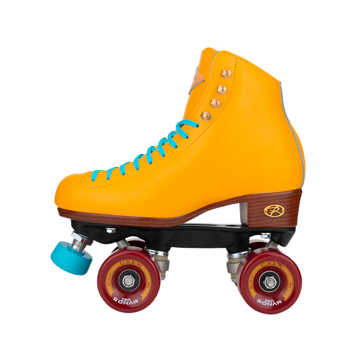 Riedell Crew roller skate in Turmeric yellow with blue laces and toe stop and crimson red wheels.