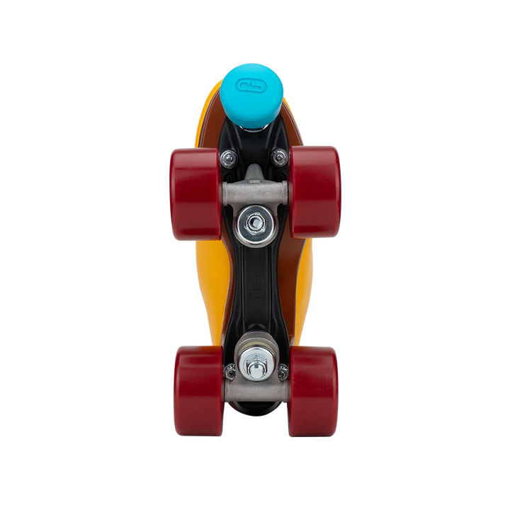 Riedell Crew roller skate in Turmeric yellow with blue laces and toe stop and crimson red wheels.
