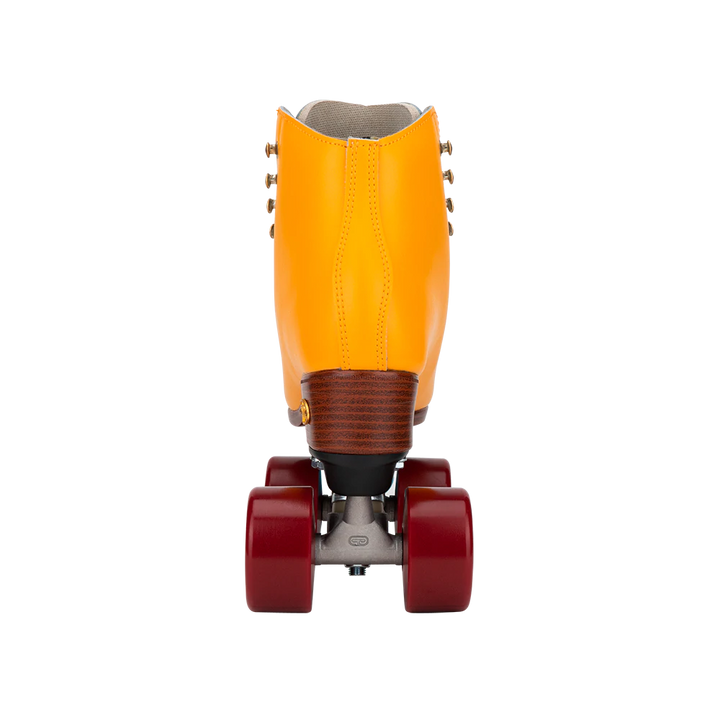 Riedell Crew roller skate in Turmeric yellow with blue laces and toe stop and crimson red wheels.