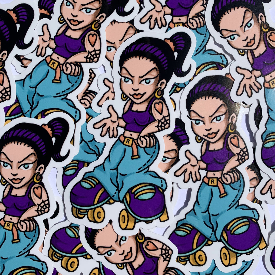 RollerFit x Dcoy 90's roller girl sticker, cartoon female figure with jeans, purple tank, roller skates, tattoos and hair in a pony tail.