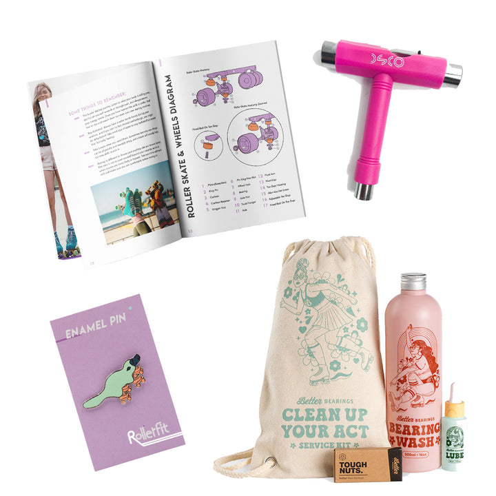 RollerFit Beginner Roller Skating Gift box contains learn to skate program, DSCO, platypus enamel pin and Better Bearings Essential Service Kit.