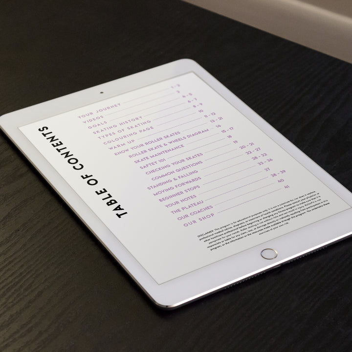 RollerFit Learn to Skate Absolute Beginner Program pdf booklet on tablet.