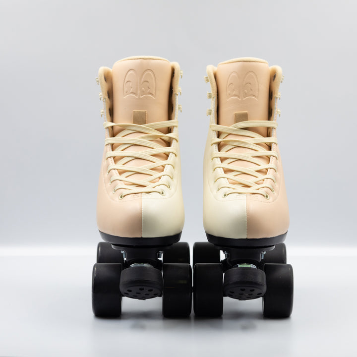 Chuffed Skates Cruiser roller skates in Sunrise, a cream and apricot 2 tone boots with all black hardware.