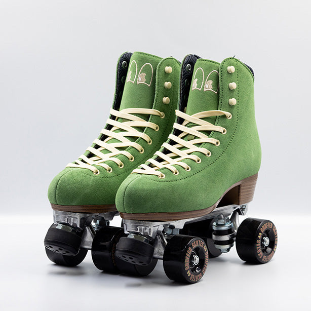 Chuffed Skates Wanderer roller skates in Olive Green with cream laces, eyelets and logo embroidery on the tongue, black wheels and toe stops.