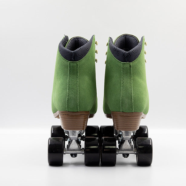Chuffed Skates Wanderer roller skates in Olive Green with cream laces, eyelets and logo embroidery on the tongue, black wheels and toe stops.