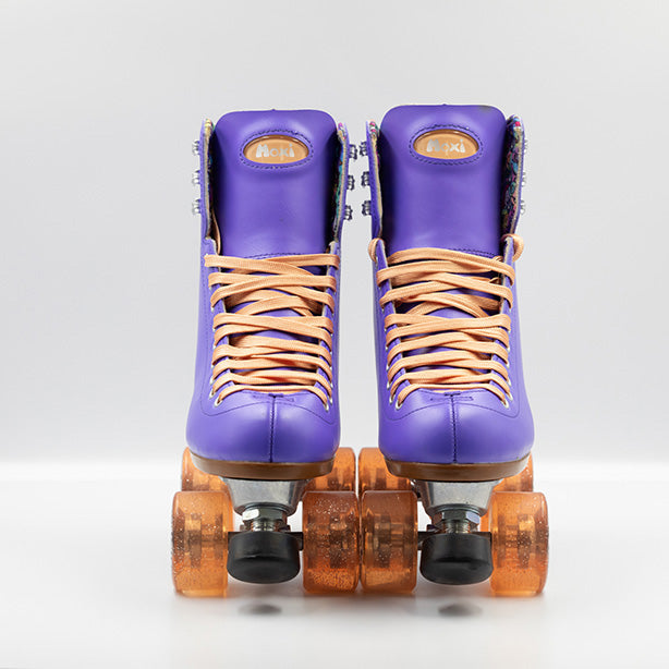 Moxi Roller Skates Beach Bunny skates in Periwinkle with peach laces and wheels.