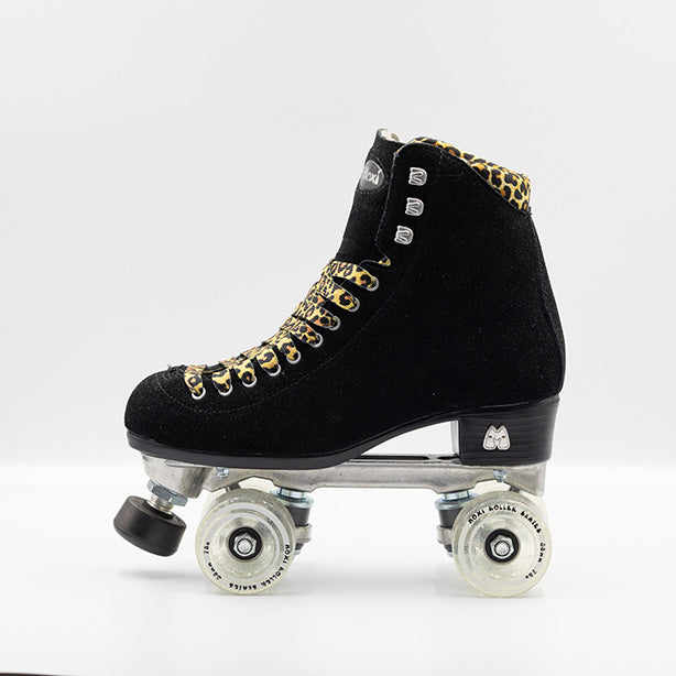 Moxi Roller Skates Panther black roller skates with clear glitter wheels, leopard laces and lining.