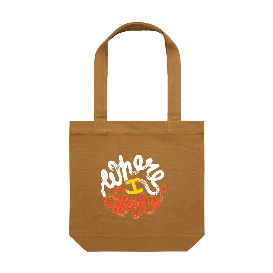 Camel tote bag with Where I Skate design.