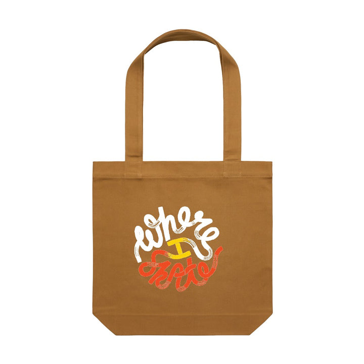 Camel tote bag with Where I Skate design.