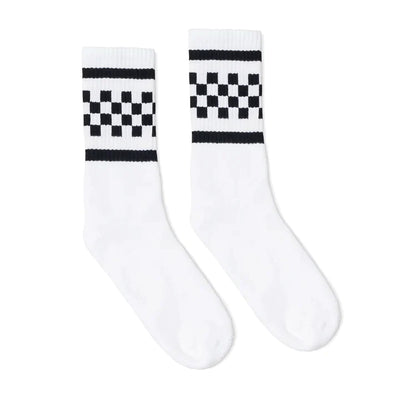 Socco white tube socks with black check print above the ankle.