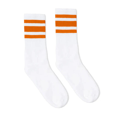 Socoo white tube socks with 3 orange stripes at the top of socks.