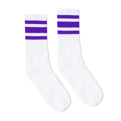Socco white tube socks with 3 dark purple stripes at the top.