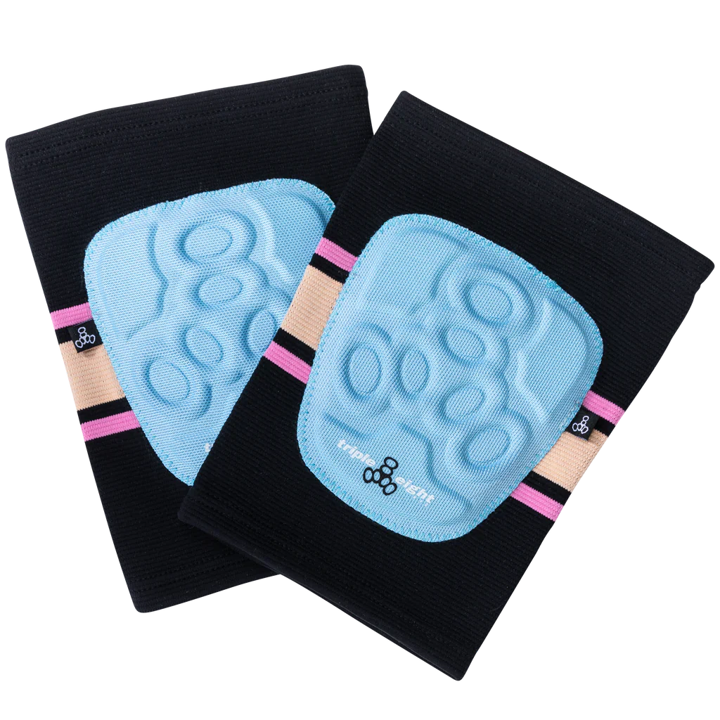 Triple 8 Covert Elbow pads in Sunset, black sleeve with pink and cream centre stripe with baby blue elbow padding.