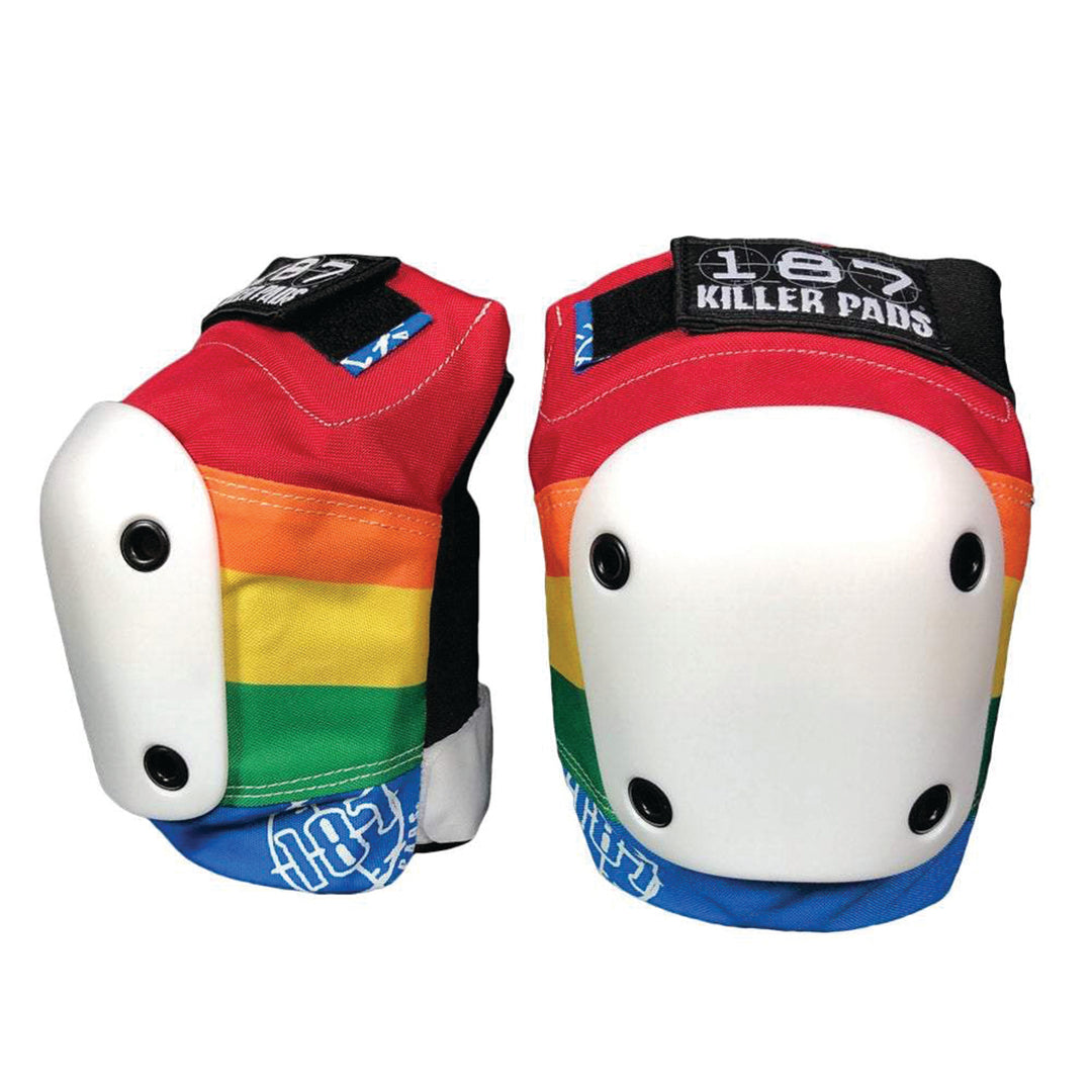 187 Killer Pads Slim Knee Pads in Rainbow stripe with white cap.