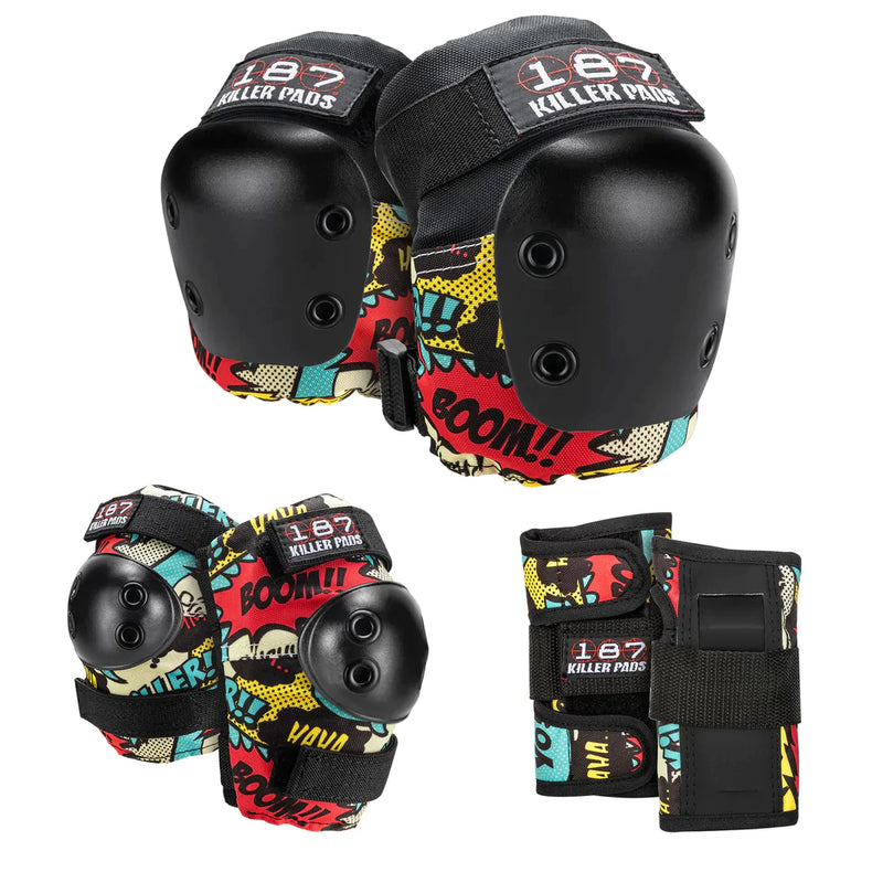 187 Killer Pads Jr Six Pack in Comic with knee pads, elbow pads and wrist guards for kids features a bright turquoise, red, yellow, off-white and black graphic design.