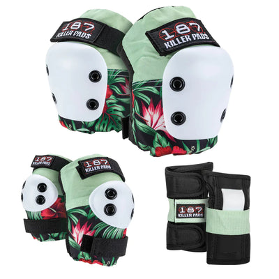 187 Killer Pads Jr Six Pack in Hibiscus with knee pads, elbow pads and wrist guards for kids features a mint green, black, white and fuchsia floral pattern.