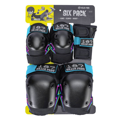 187 Killer Pads Jr Six Pack in Electric Bolt with knee pads, elbow pads and wrist guards in black with bright blue straps and magenta lightning bolts on each side of the cap.