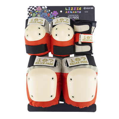 187 Killer Pads Six Pack with knee pads, elbow pads and wrist guards in Lizzie Orange with off-white caps and dark grey straps.
