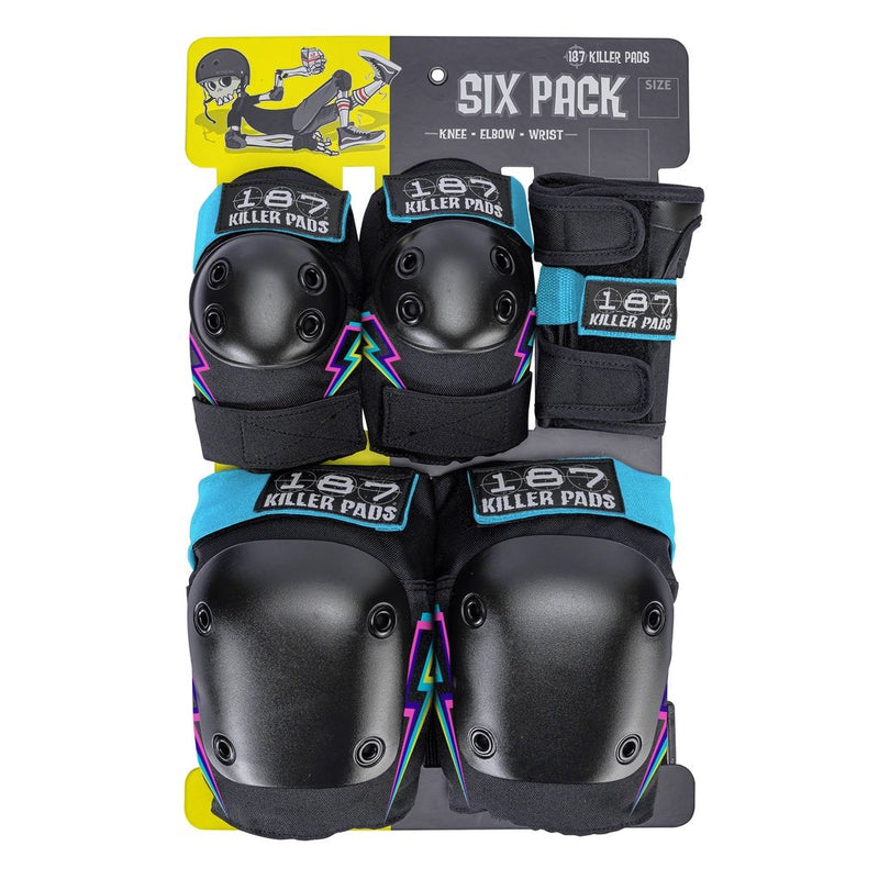187 Killer Pads Six Pack with knee pads, elbow pads and wrist guards in Electric Bolt featuring black pads, bright blue straps and magenta lightning bolt on each side of the pad.