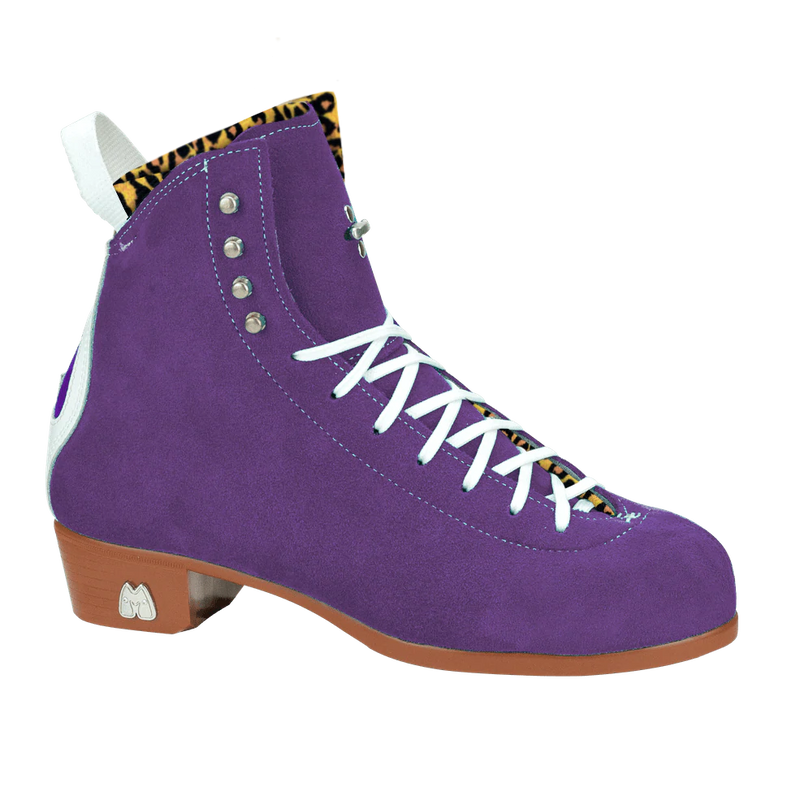 Moxi Roller Skates Jack 1 boots in Taffy purple with tan sole, white backstay and laces, leopard print lining.