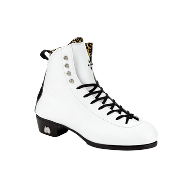 Moxi Roller Skates Jack 1 boots in white vegan with black sole, backstay and laces, leopard print lining.